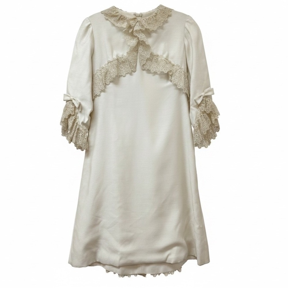 Vintage Emma Domb California Girls Cream Lace Satin Bow Dress Size 9 1960s Mod